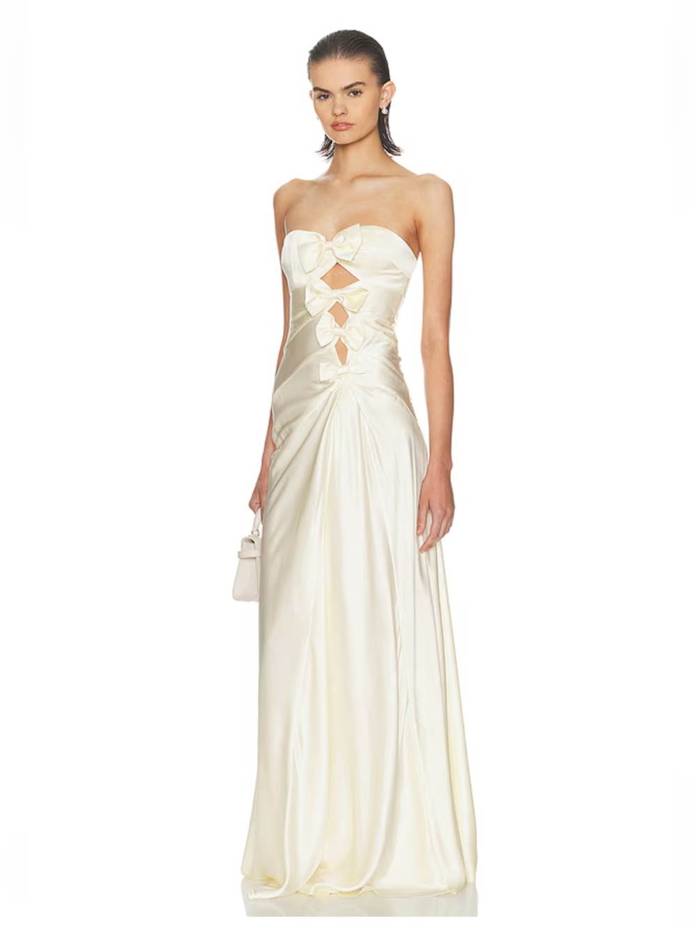 HELSA The Silk Faye Dress Egg Shell Strapless Ivory Satin bow Gown Revolve S - Picture 2 of 10